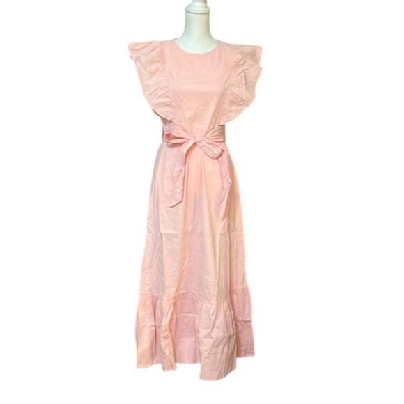 Elegant pale Pink Ruffle Dress Midi Exaggerated short ruffle sleeves tier hem L - Picture 5 of 16